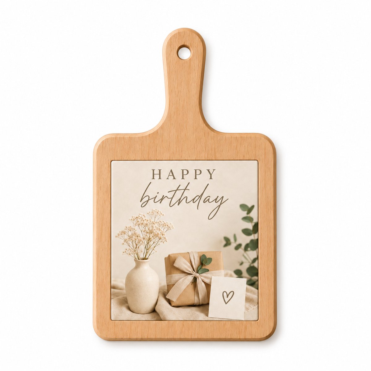 Kaasplank Happy Birthday – Met Keramische Tegel – Houten Serveerplank 18 x 31 cm – Verjaardag Cadeau