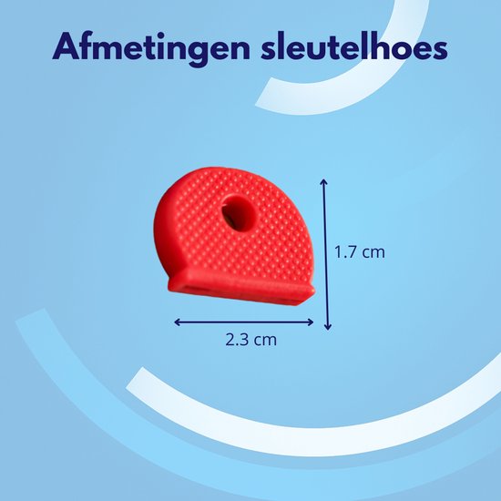 Afmetingen sleutelhoes: 2.3 cm breed, 1.7 cm hoog. Rood sleutelkapje met textuur.