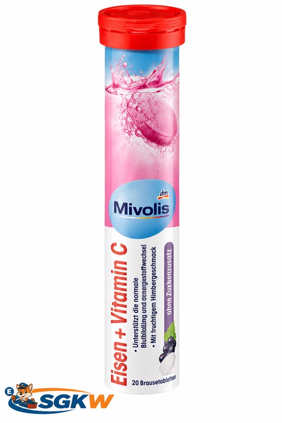 Mivolis Bruistabletten met IJzer + Vitamine C in een rode tube met roze vloeistof en bubbels. Met besensmaak, zonder toegevoegde suiker.