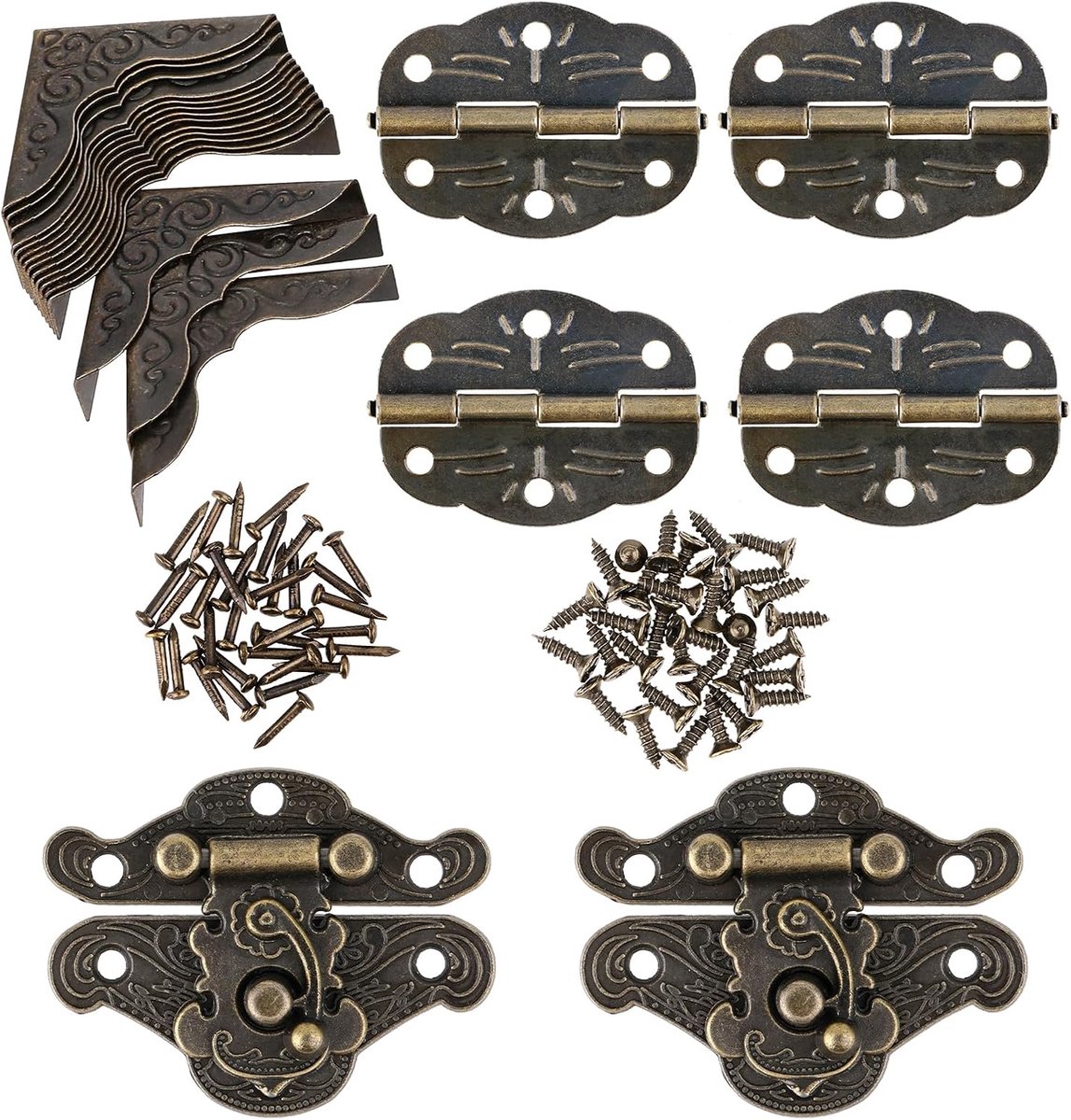 2 sets of antique decorative hinges, small retro hashes, decorative wooden jewellery, vintage hinges with 4 pieces - ShopVlot