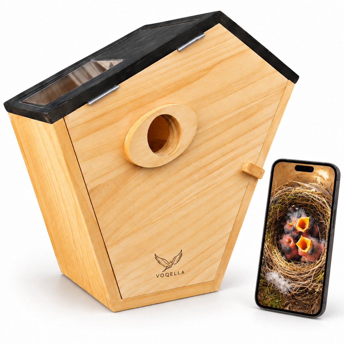 Voqella® Vogelhuisje met Camera - Nestkastje Koolmees - Vogel Camera - Vogelkastje - Vogelvoederhuisje met Camera - Met Zonnepaneel - Bamboe hout - Video & Audio