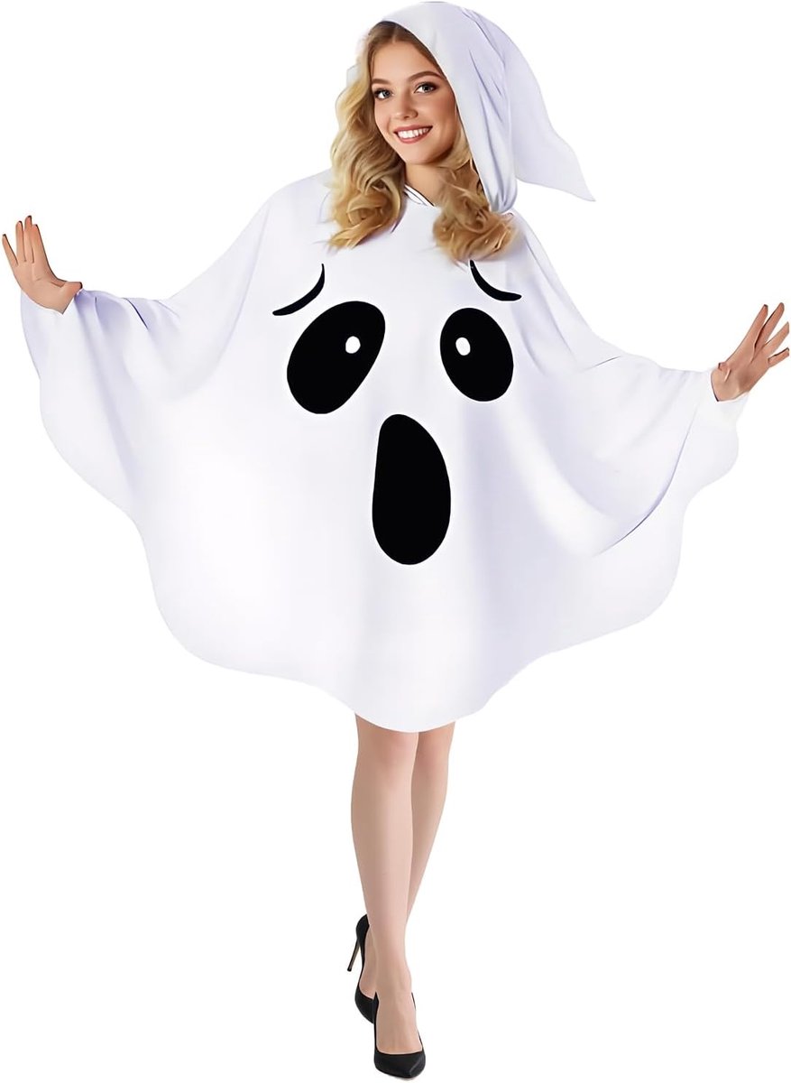 Spookcape met capuchon, voor dames, Halloween-cape met capuchon, pompoen, spook, feestkostuum, poncho, griezelig geest, gezichtskostuum voor dames, Halloween voor cosplay-party, carnaval