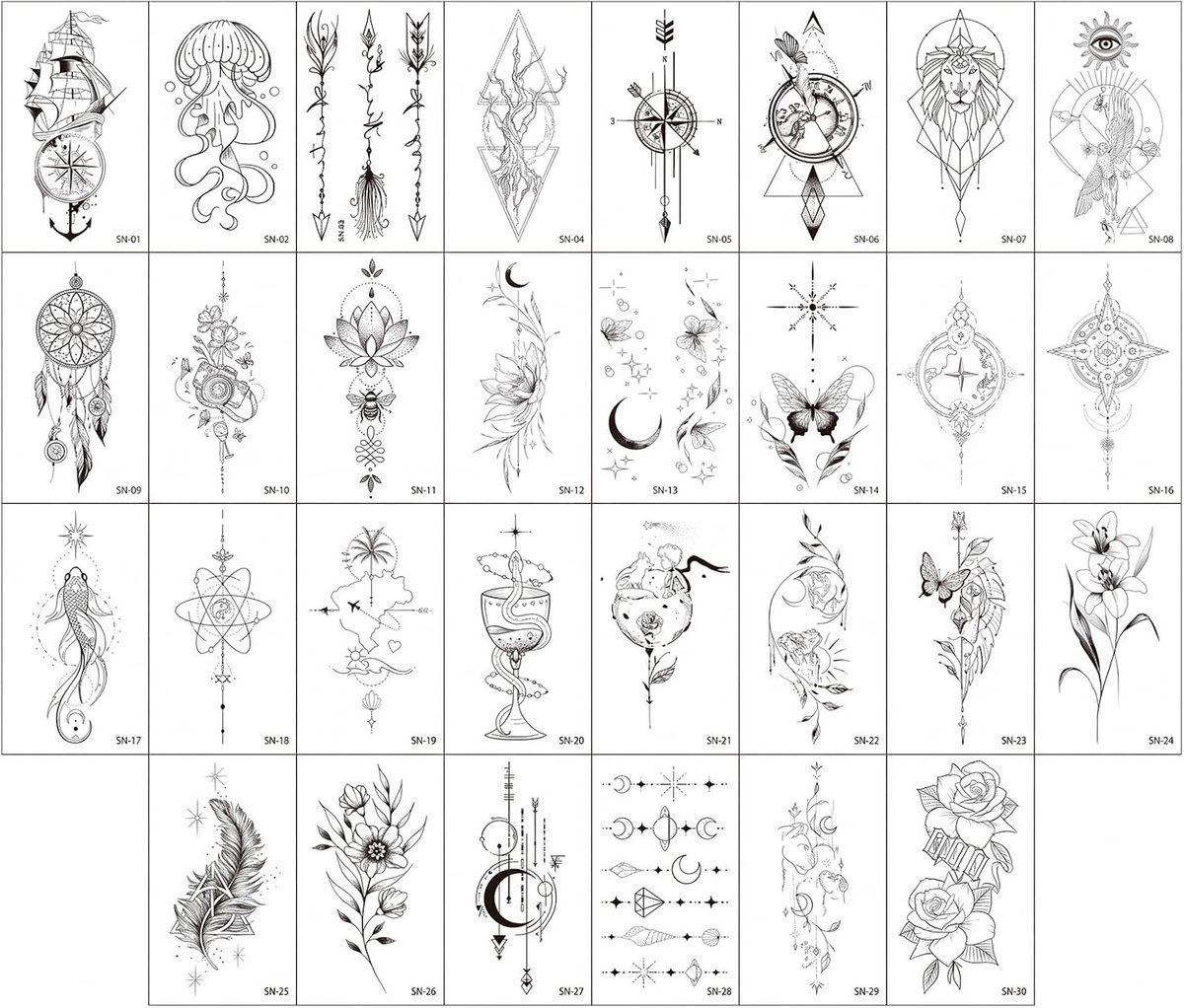 Tijdelijke tatoeages voor volwassenen, minimalistische plaktattooset, SN-serie (5,7 x 9,7 cm), waterdichte nep-tatoeages voor vrouwen en mannen, ideaal voor festivals, strand en feest