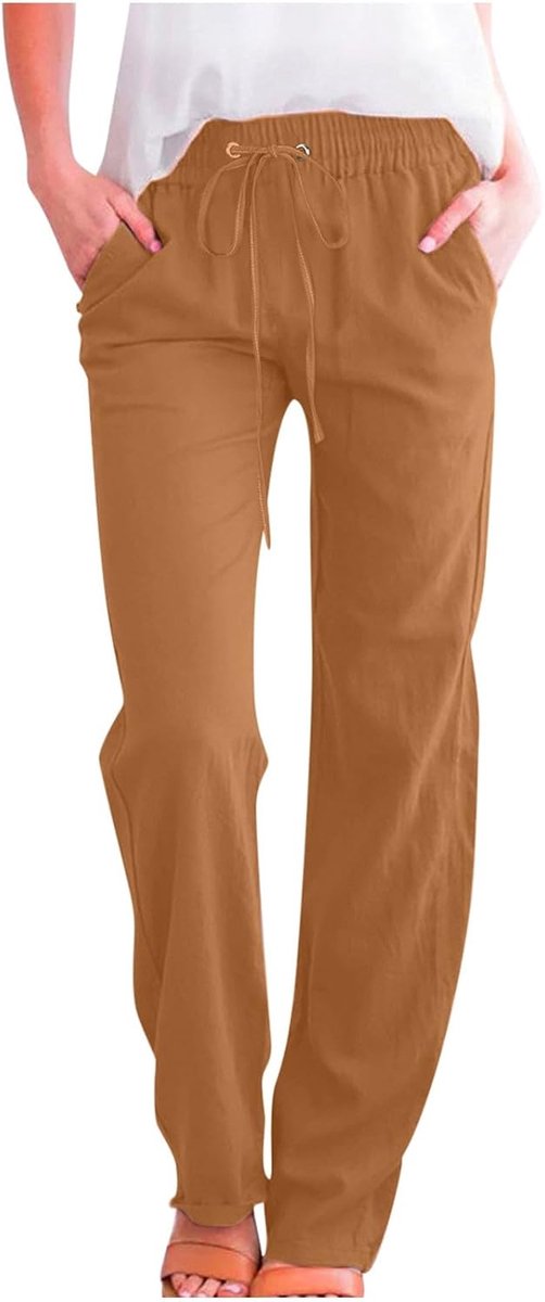 Damesbroek met hoge taille, Palazzo, cargo, joggen, harembroek, comfort, zacht, rekbaar, effen, modieus, modern, rechte snit, brede pijpen, zijzakken, trekkoord, elastische taille, A111
