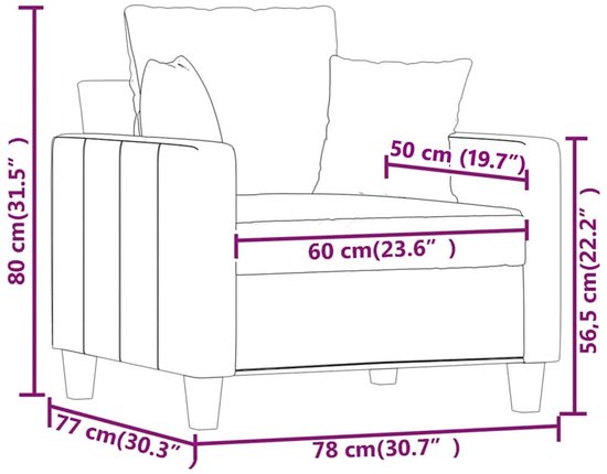 Maattekening van een wijnrode fauteuil met afmetingen in cm en inches.