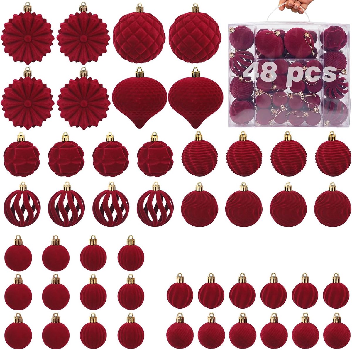 Kerstballen, 11 designs in 3 maten, onbreekbare, gevlokte kerstballen, boomballen van kunststof met ophanglussen, kerstboomversiering (bordeauxrood)