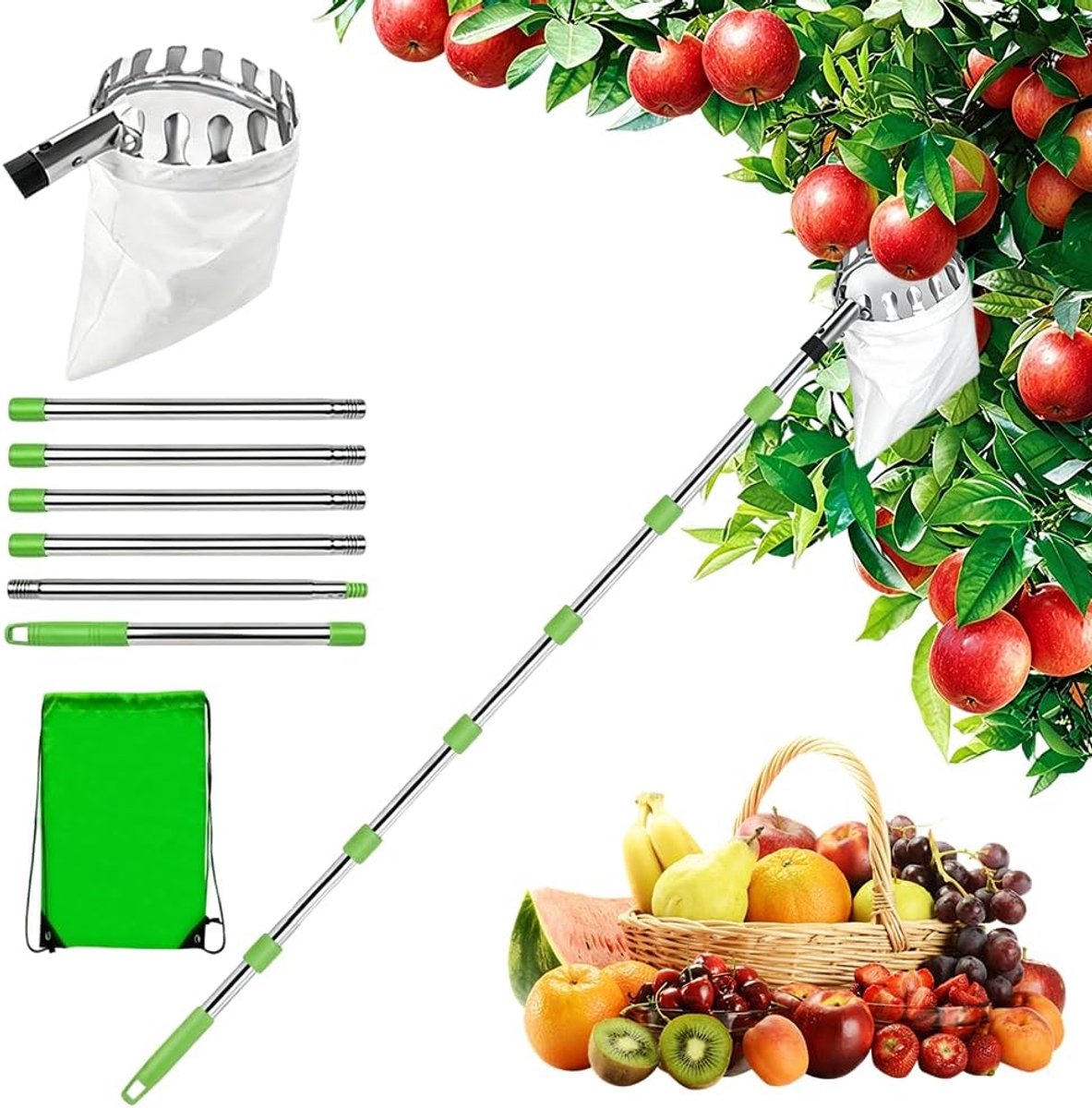 Fruitplukker met telescopische steel, 2,4 m appelplukker met katoenen zak