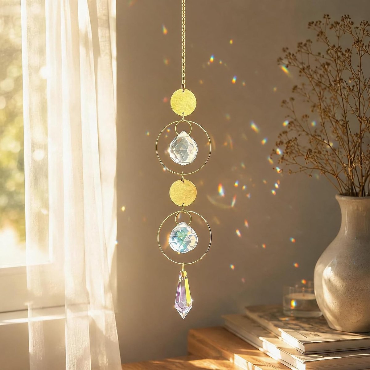Zonnevanger, kristal, hangend, goud, 1 stuk, glazen zonnevanger, 31 x 3,2 cm, geometrische lichtvanger voor ramen, balkon, tuin, kantoor, kamerdecoratie, regenbooglichtspel, cadeau voor vrouwen