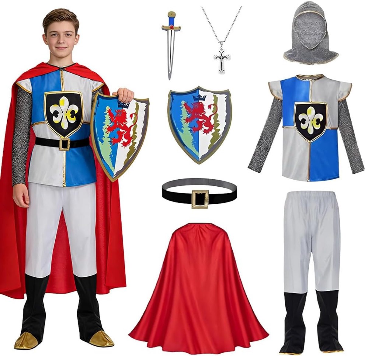 Ridderkostuum voor kinderen, middeleeuws kostuum met ridderhelm, zwaard, schild, cape, carnavalskostuums voor kinderen, cadeau voor jongens, voor cosplay, carnaval, rollenspel, party, (L)