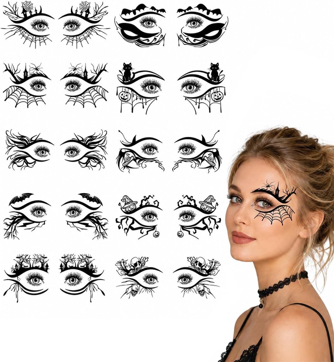 Tijdelijke tatoeages, 10 stuks, lijmvrije oogstickers, gezichtstatoeages, Halloween, veilig voor de gevoelige huid, Halloween-decoraties met glamoureuseffect