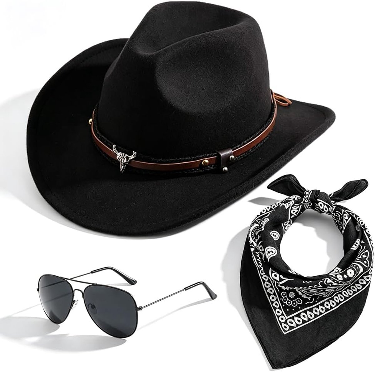 Cowboykostuum Accessoires Hoed Bandana's Zonnebrillen Westernkledingaccessoires Cowboy Hoeden Cowboykostuum Accessoires Sets Cowgirlhoeden Volwassen voor Feests Carnaval(Zwart)