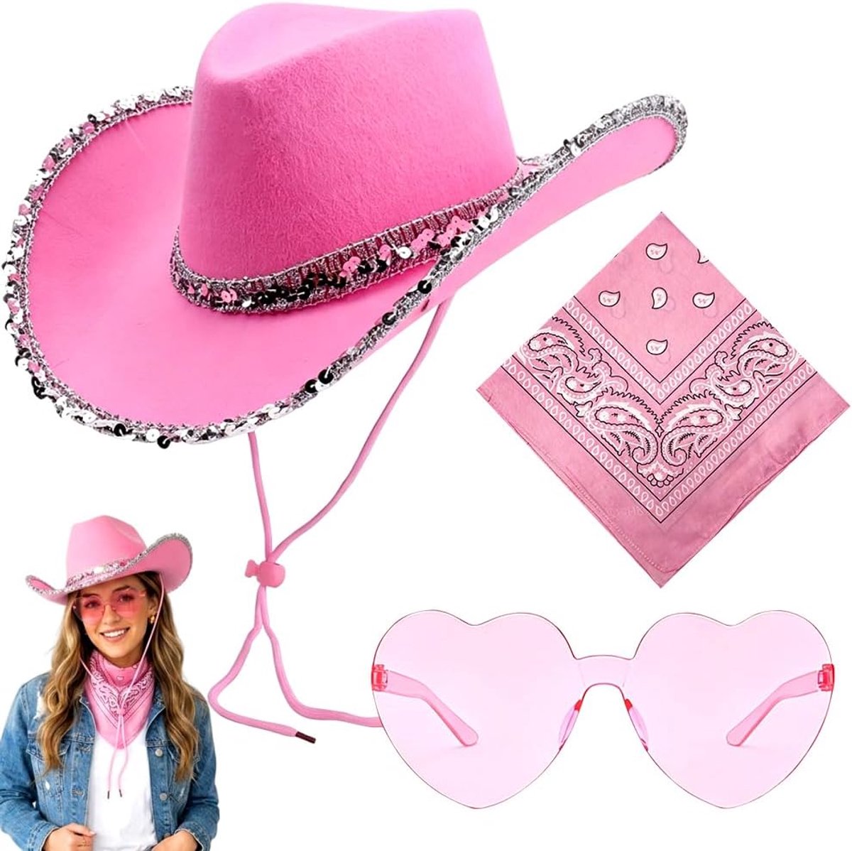 Cowboykostuum Accessoires Hoed Bandana's Zonnebrillen Westernkledingaccessoires Cowboy Hoeden Cowboykostuum Accessoires Sets Cowgirlhoeden Volwassen voor Carnaval Halloween(Roze)