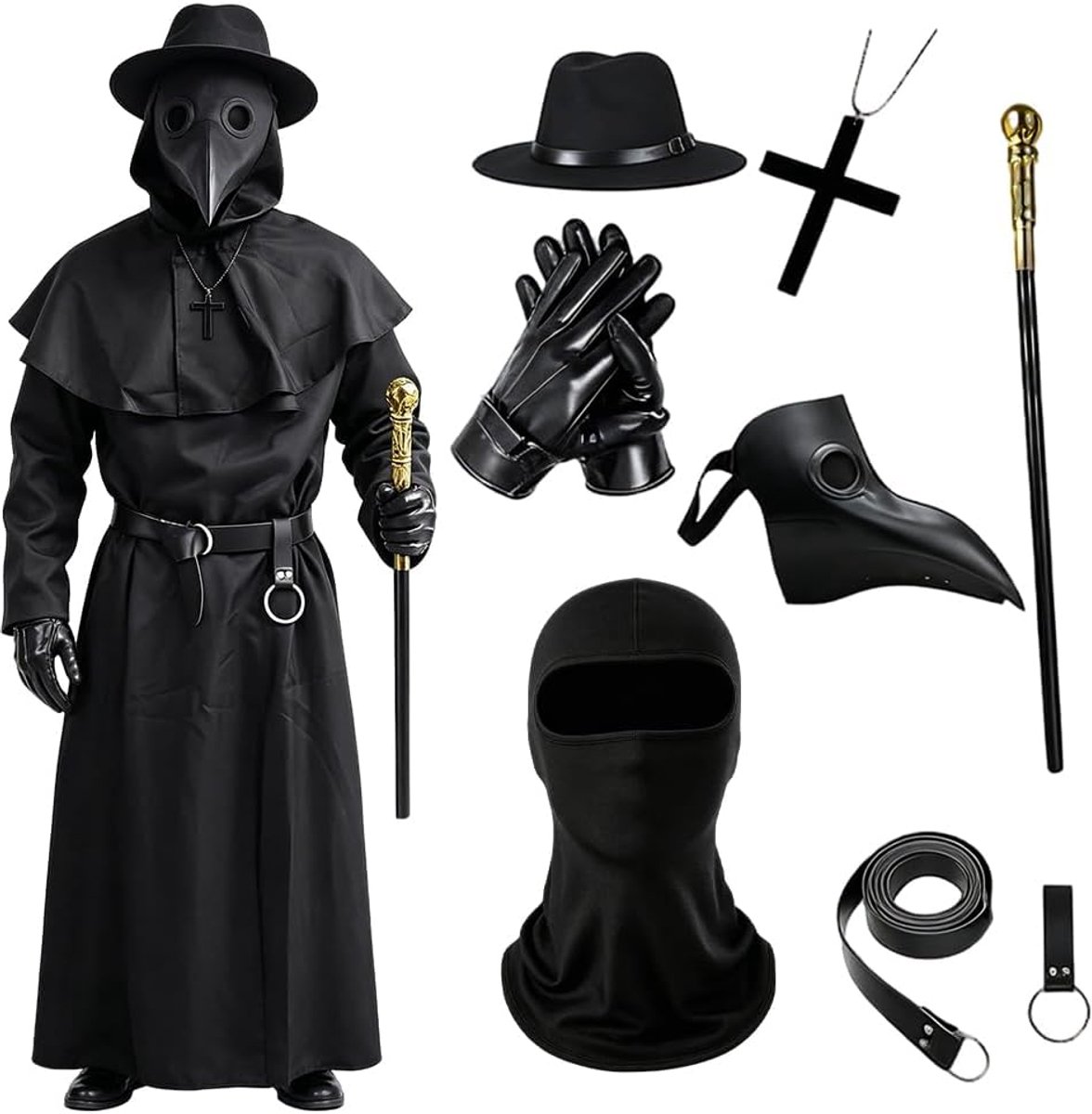 Pestdokterkostuum voor heren, pestdokterkostuum voor volwassenen, middeleeuws steampunk, pestdokterkostuum met pestdoktermasker, scepterhoed, voor Halloween, carnaval, maskerade, bal, party, cosplay