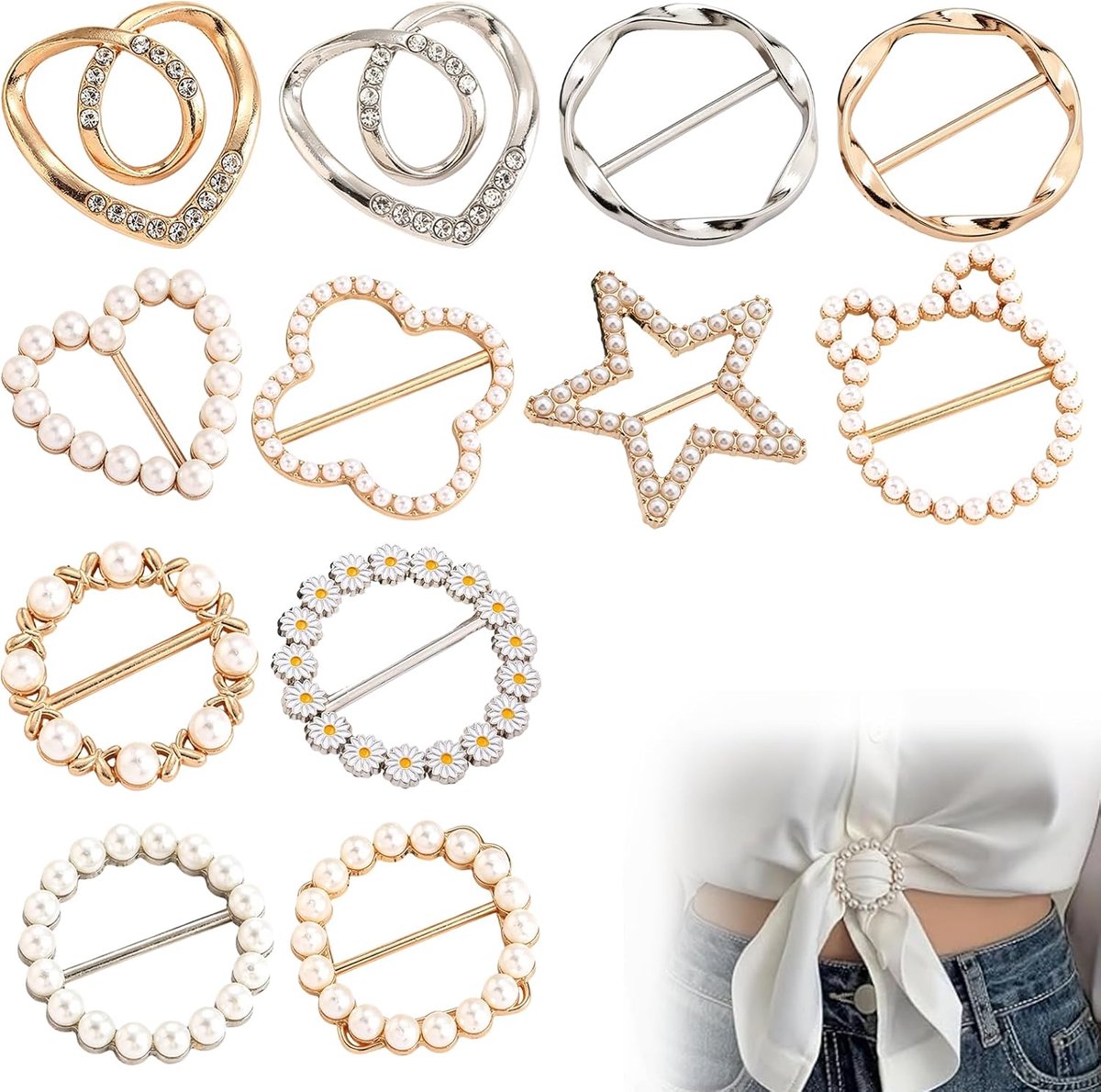 12 Stuks Sjaal Ring Clips met Strass, T-Shirt Clips en Kleding Ringen in Goud en Zilver, Ronde, Ster, Hart en Bloem Gespen voor Sjaal, Shirt, Riem en Hoed
