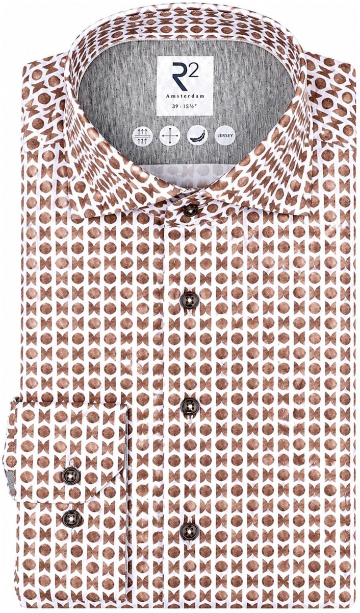 R2 Overhemd Single Jersey Print Taupe - Maat 45 - Heren - Overhemden Formeel