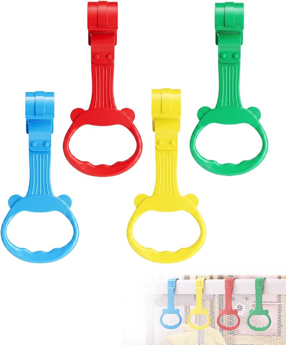4 ringen voor kinderbedden en boxen, afneembare drukknopen, robuust en veilig, in blauw, groen, geel en rood, ideaal om te kruipen en te staan, educatief speelgoed voor vroege stimulatie