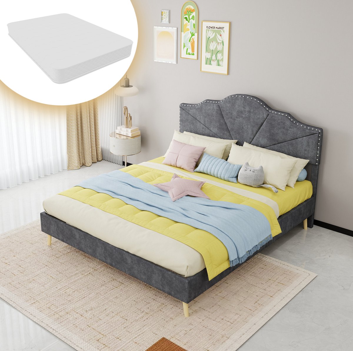 REDOM Gestoffeerd bedframe - Geometrisch hoofdbord met siernagels - Lattenbodem - Inclusief matras - Stof en metaal - Grijs - 160 x 200 cm