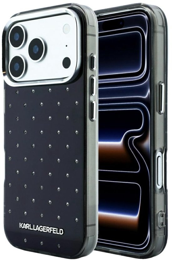 Zwarte Karl Lagerfeld iPhone hoes met zilverkleurige studs en logo.