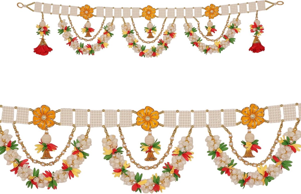 Artificial Fluffy Rose Flowers with White Moti Garlands Door Toran Decorative Door Hanging Bandanwar for Home Entrance - ShopVlot