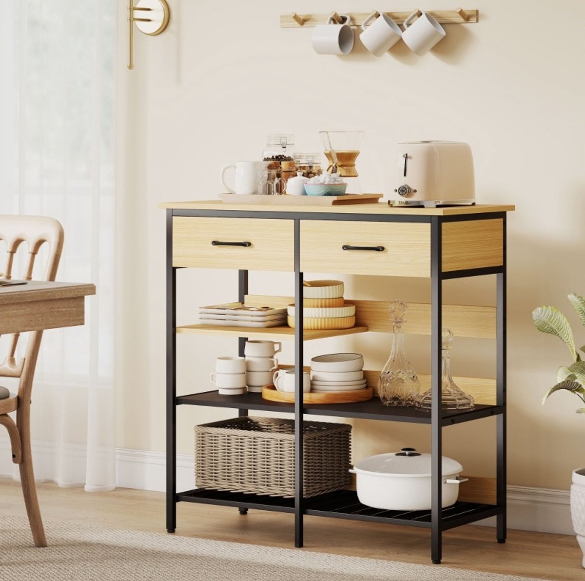 WUVRIE Dressoir 90x40x91 cm - 2 lades en 3 open planken - Naturel hout