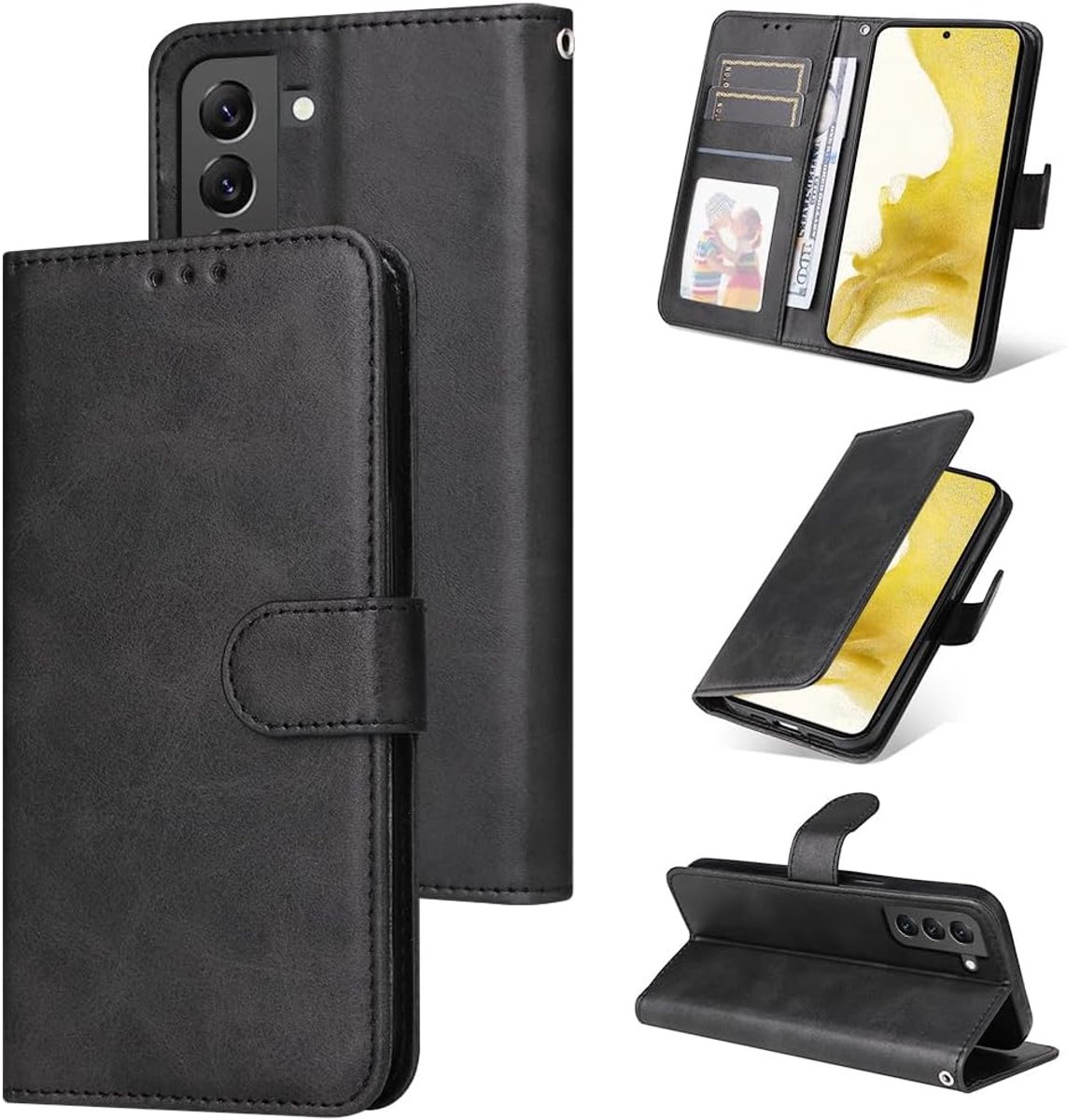 Telefoonhoesje voor Samsung Galaxy S22, van PU-leer, magnetische klaphoes, voor Galaxy S22, portemonneehoesje met kaartsleuf, standfunctie, zwart