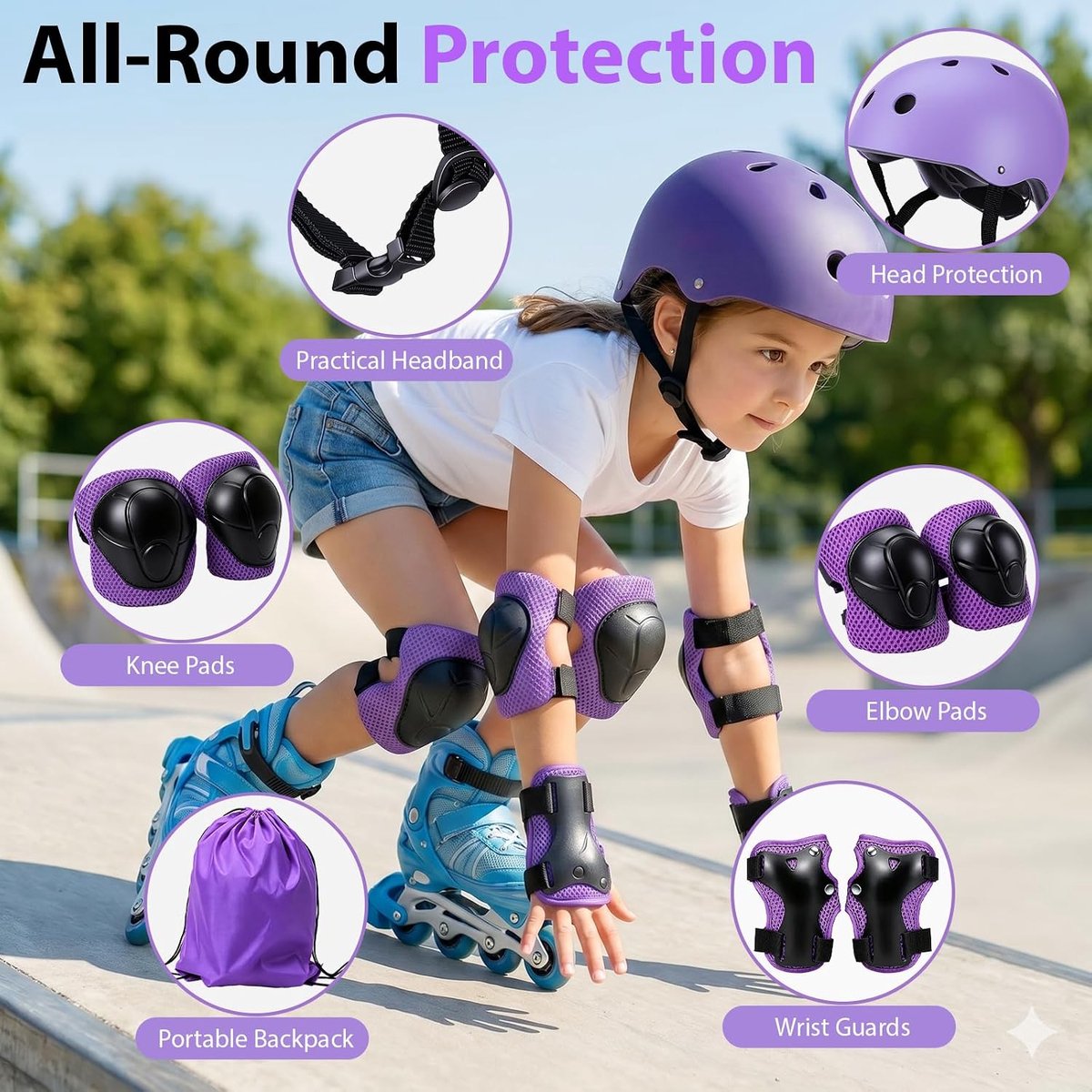 Kniebeschermers voor kinderen, 3-10 jaar, set met helm, beschermingsset voor kinderen met pols, ellebogen, kniebeschermers, rugzak en hoofdband, inline beschermingsuitrusting voor skateboard