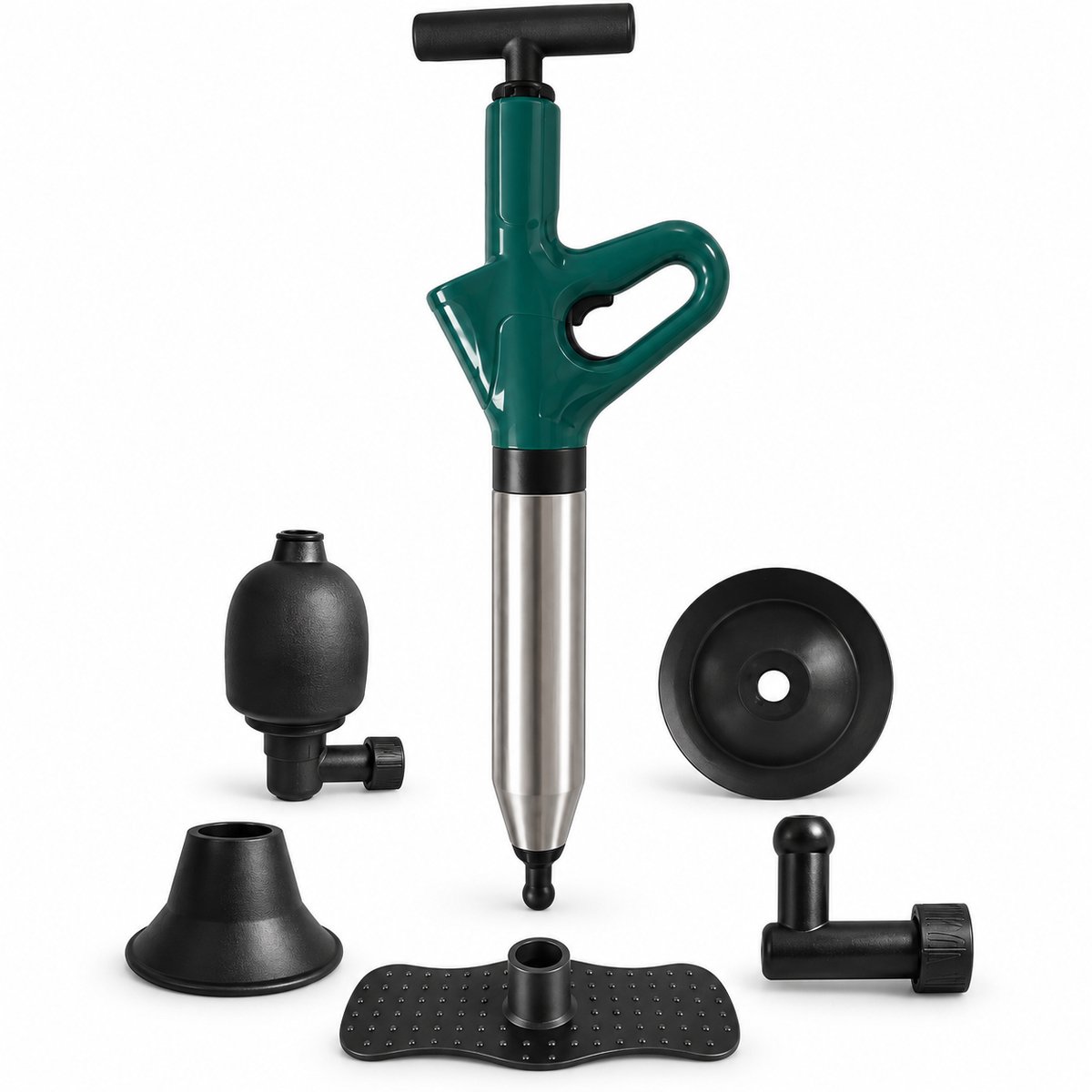 YYchan Ontstopper Professionele Luchtdruk Pomp-Gootsteen Ontstopper Afvoer-Wc Ontstopper-4 Ontstoppingskoppen-Toilet Gootsteen Afvoer Riool -Handmatige Druktest-RVS