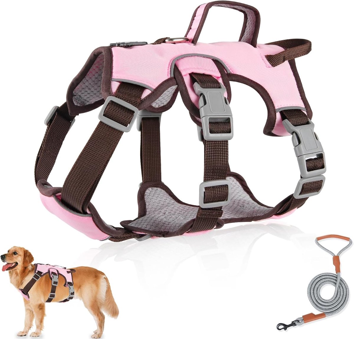 Hondenharnas met riem, onbreekbaar, anti-trekharnas, hondenveiligheidsharnas, kleine honden voor kleine middelgrote honden (roze, S)