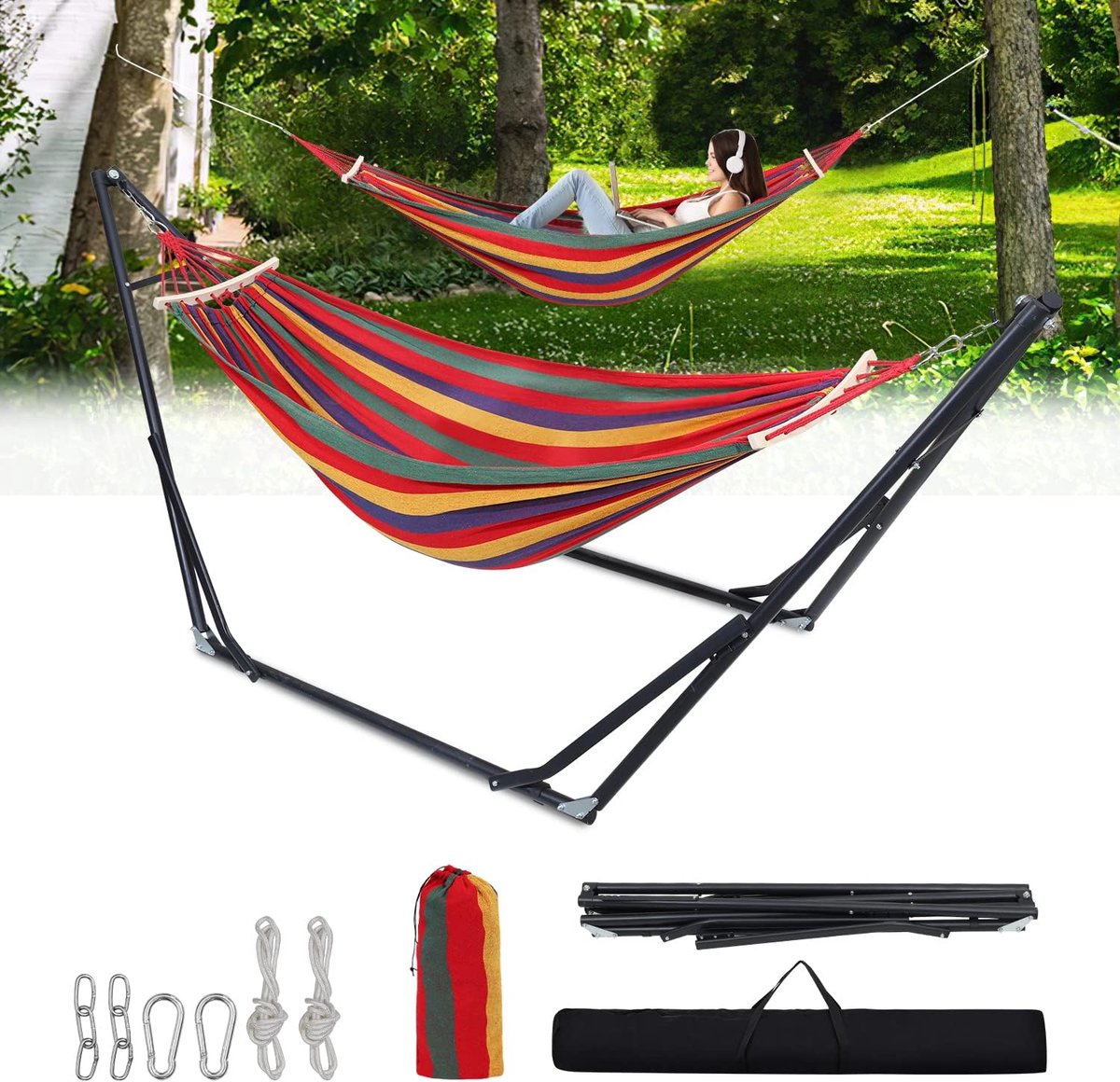 Hangmat met frame, opvouwbaar, dubbele hangmat, 150 kg, belastbaarheid voor indoor, outdoor, tuin, camping, terras, instelbare maat, met draagtas