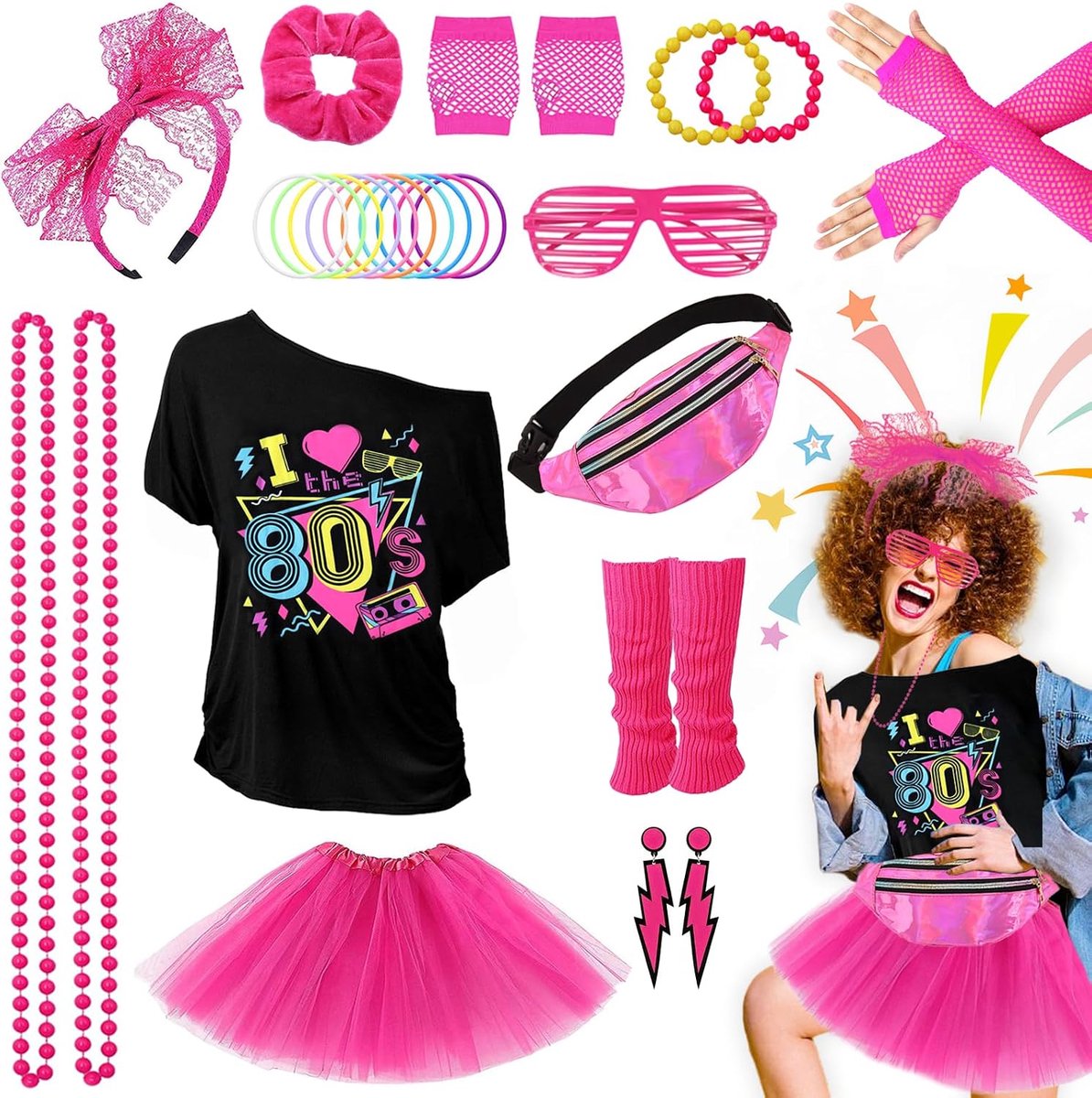 28-delige outfit, jaren 80-90, voor dames, kleding, kostuum, T-shirt, tutu, buiktas, oorbel, nethandschoenen, retro feestaccessoires, carnaval