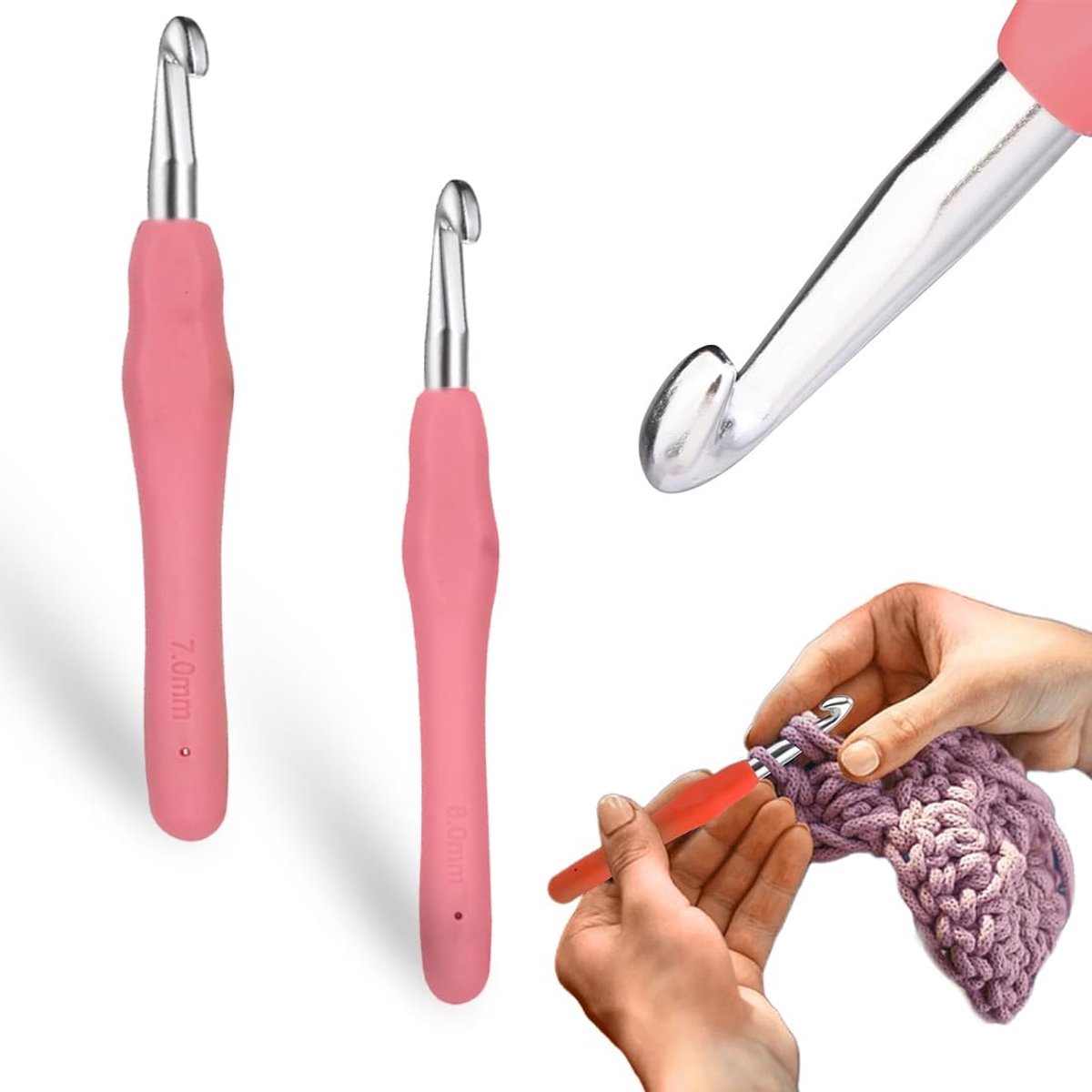 Set van 2 haken 7,0 mm en 8,0 mm met ergonomische handgreep voor artritische handen, meerkleurig TPR-handvat voor beginners en haakgaren