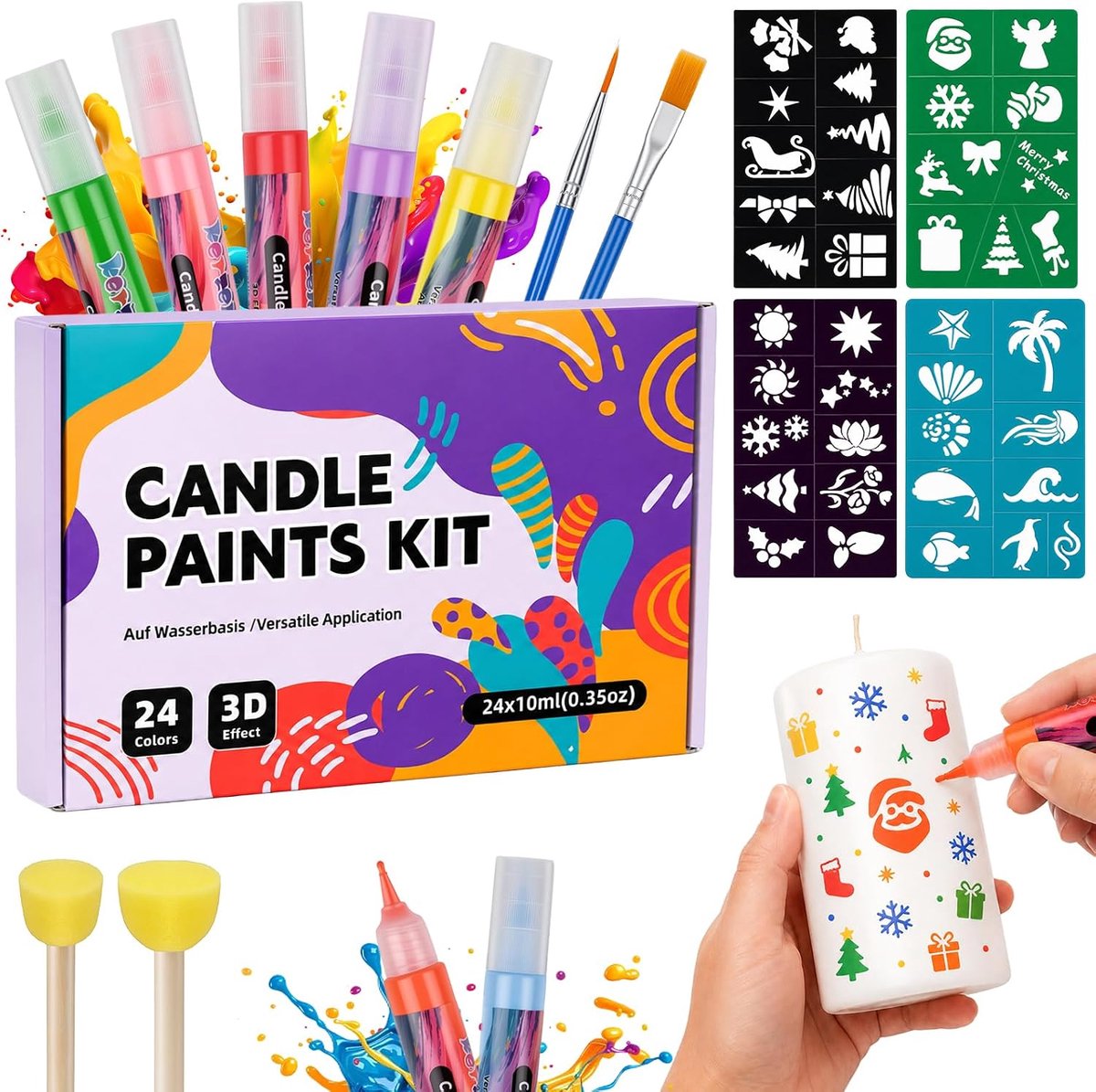 Set van 24 kaarsenstiften, 10 ml, wasstiften voor kaarsen, keramiek, beschilderen, versieren, kaarsenkleurpotloden, sneldrogend, afneembaar, voor glas, hout, papier, doe-het-zelf, knutselen