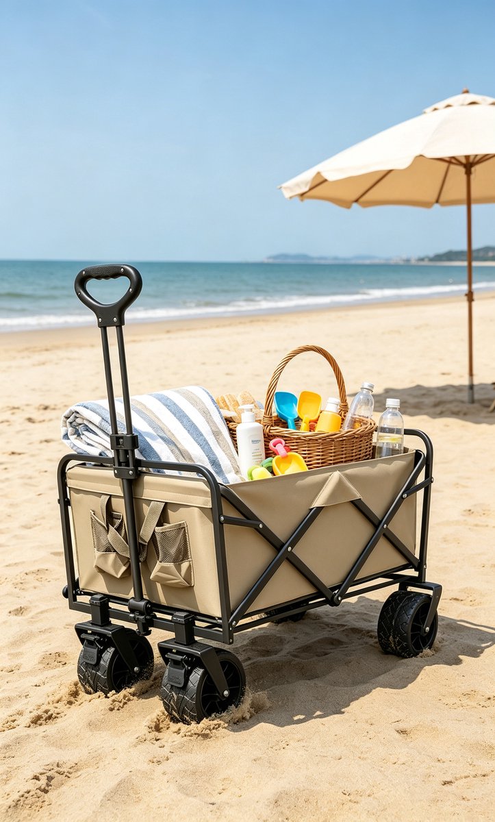 Opvouwbare Kampeerwagen Bolderkar Grote Inhoud 360° Draaibare Wielen met Dubbele Rem Verzwaard Stalen Frame Khaki83*50*70 cm