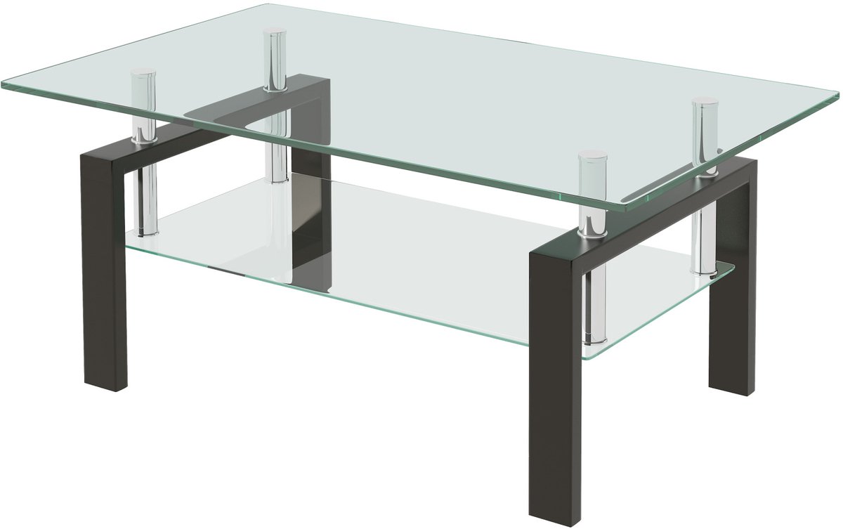 REDOM Salontafel - Tweelaags gehard glazen blad - Glazen onderblad - Metalen frame - Moderne stijl - Woonkamer - Transparant - 100 x 60 x 44 cm