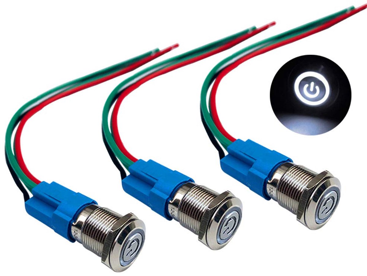 3pcs Premium 12V/24V 3A Self-locking Push Button Switch, 12mm Auto Ignition Start Switch, White LED Light Stainless - ShopVlot