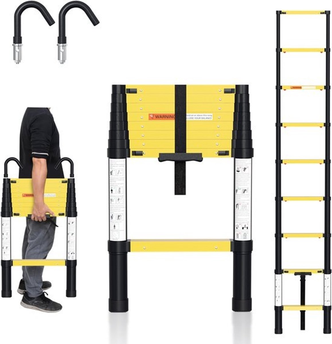 Multifunctionele telescoopladder - 2,6 m - Aluminium vouwladder - Antislip en stabilisator - 150 kg belastbaarheid