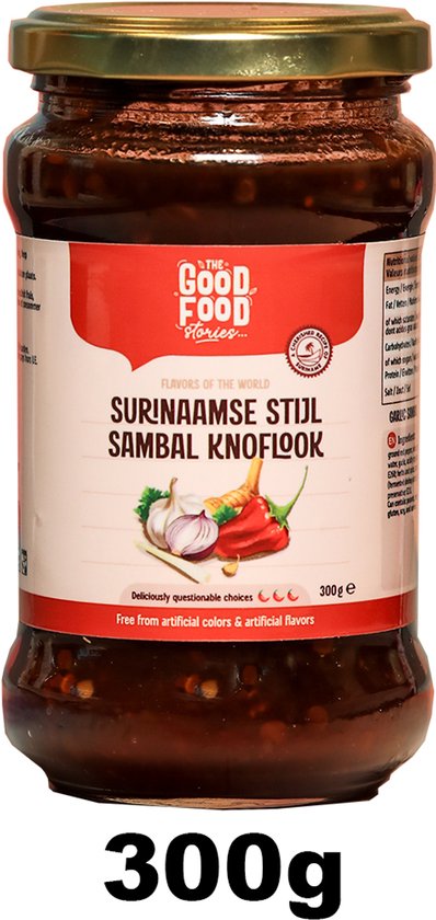 Pot Surinaamse Stijl Sambal Knoflook van 300g. Bevat knoflook, chilipepers en ui. "Deliciously questionable choices".