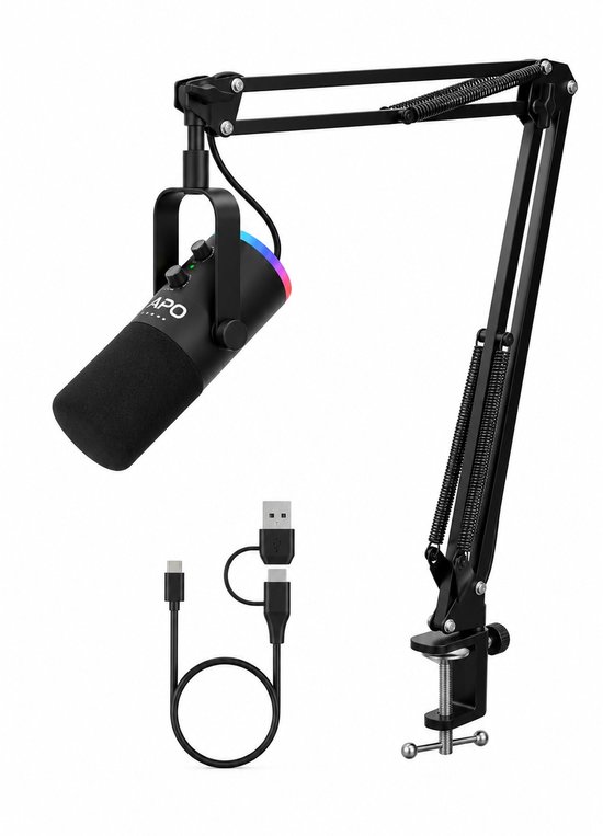 Microphone noir avec bras de suspension réglable et éclairage RVB, incluant des câbles USB-C et USB-A.