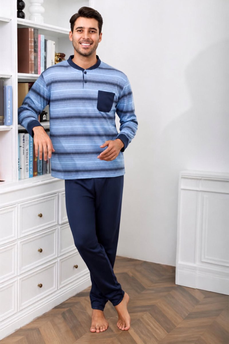 Heren pyjamaset winter - XL - heren pyjama met 2 knopen en borstzakje - gewatteerd - bovenstuk gestreept, effen broek