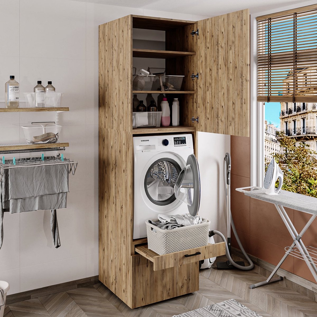 Roomart SERIE 2 Wasmachine Ombouwkast 67x240 cm - met Opzetkast - Eiken