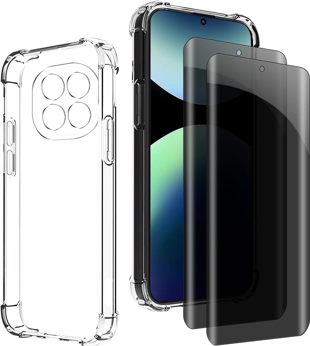 Inkijkbescherming voor Redmi Note 14 pro+ 5g, 1 TPU hoes met 2 stuks pantserglas, 9H glas, anti-spy folie, transparante siliconen beschermhoes, anti-geel, slank