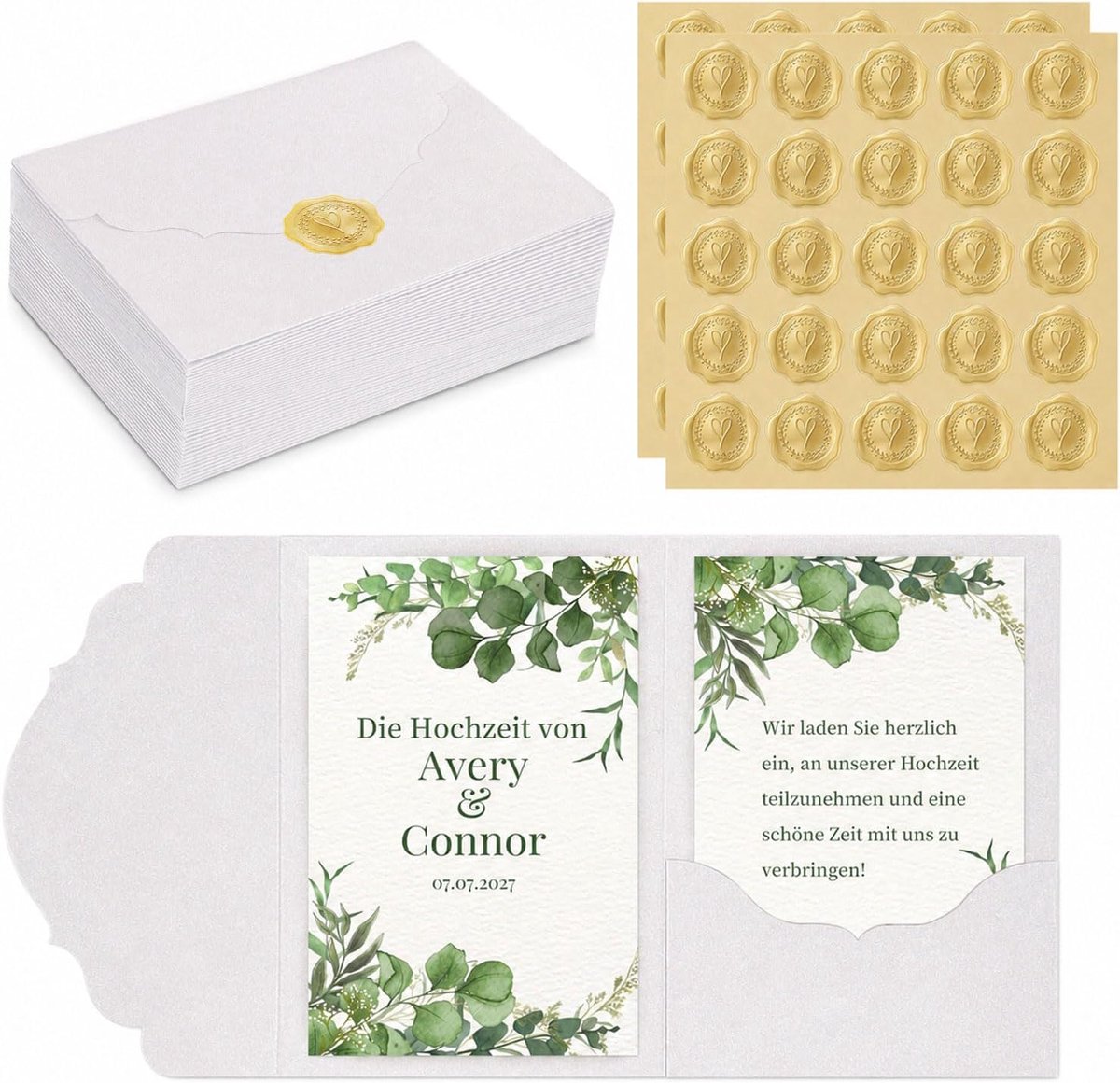 Pocketfold-enveloppen voor DIN A6-kaarten, pocketfold-kaart en waszegel, zelfklevend, voor bruiloftskaart, bedankkaarten, uitnodigingskaarten, bruiloftsuitnodigingen, verjaardagsuitnodigingen, 50