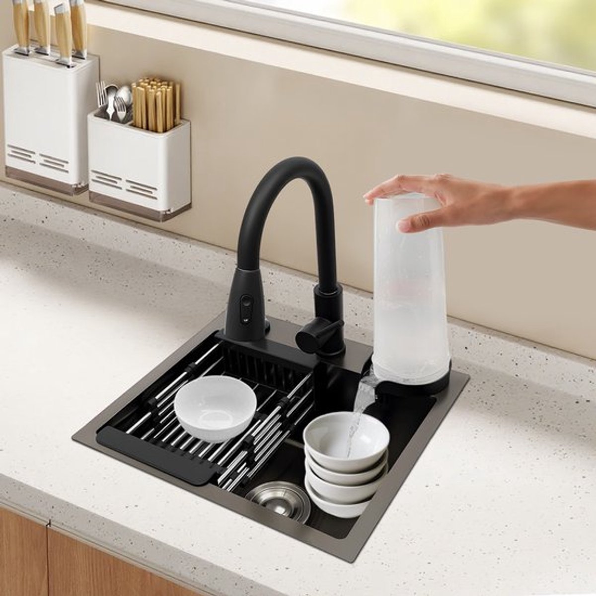 Keukenkraan Multifunctioneel - Zwart - 201 RVS - Uittrekbare Kraan - Bekerspoeler - Zeepdispenser