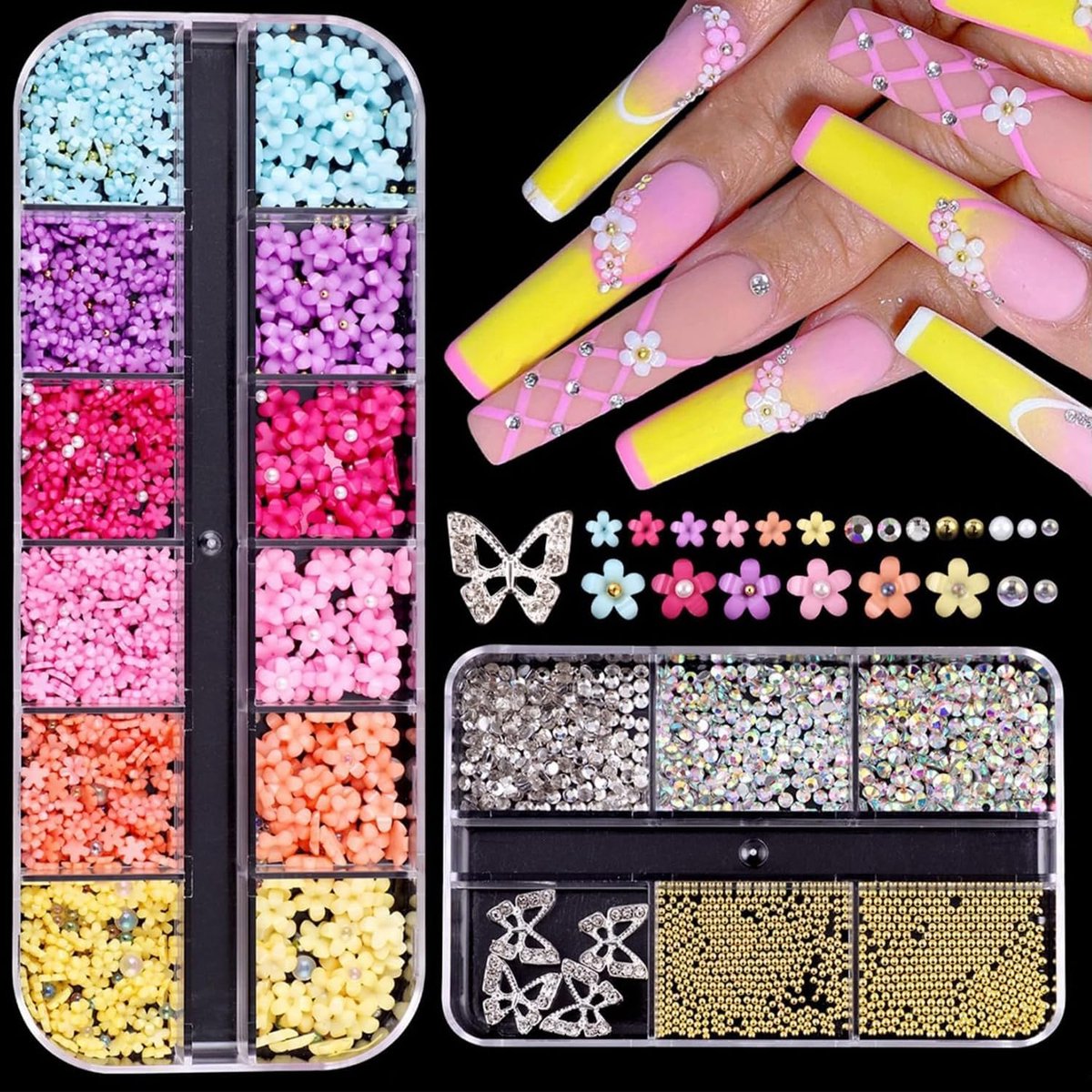 3D nagelbedels in bloemvorm, kaviaar metalen kralen, pastel acryl bloem voor nageldesign, nageldecoratieset van kaviaarkralen, AB diamanten nagels