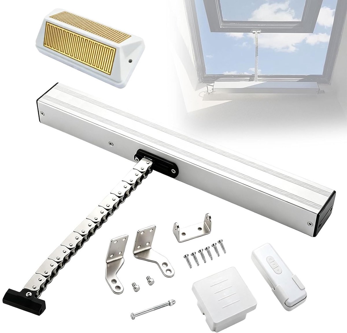 Raamopener met draadloze regensensor, 24 V, kettingmotor met afstandsbediening en schakelaar, 400 mm hub ideaal voor schuiframen