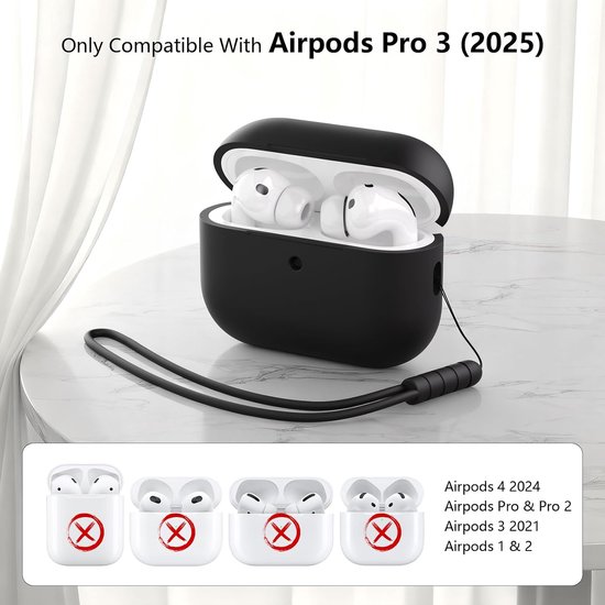 Compatibel met Airpods Pro 3e generatie, volledige bescherming, siliconen hoes voor AirPods Pro 3 met koord, led aan de voorkant, zwart — afbeelding 2