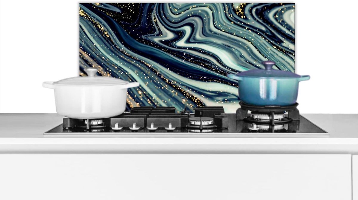 Spatscherm Keuken - 60x30 cm - Marmer - Goud - Blauw - Glitter - Marmerlook - Abstract