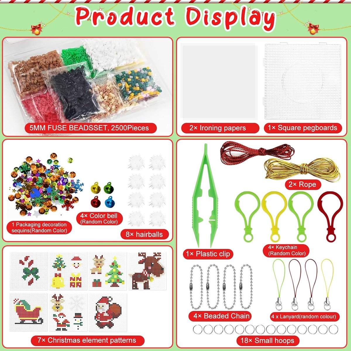 Strijkkralen voor Kerstmis, 5 mm strijkkralen, kerstset, 15 patronen, strijkpapier, hangers en accessoires voor knutselen, handwerk voor kinderen, cadeau, kerstdecoratie (rood) — cadeau in Spellen & Speelgoed - foto 7