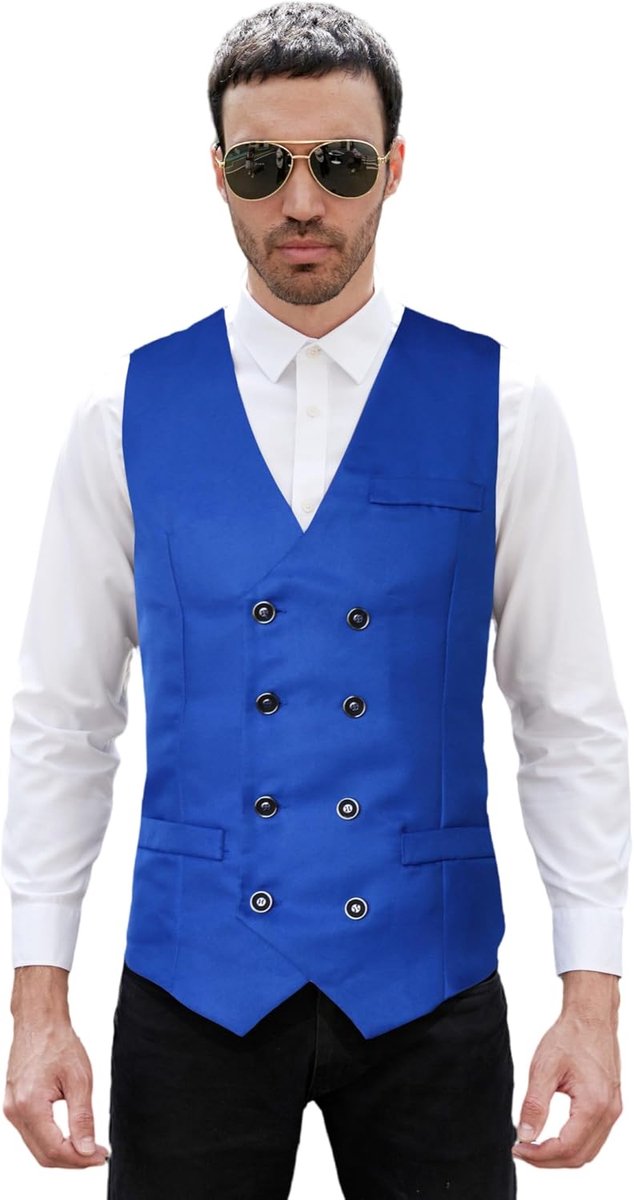 Herenvest met dubbele rij knopen, V-hals, slim fit, voor bruiloft, formeel, business, party, dagelijks gebruik