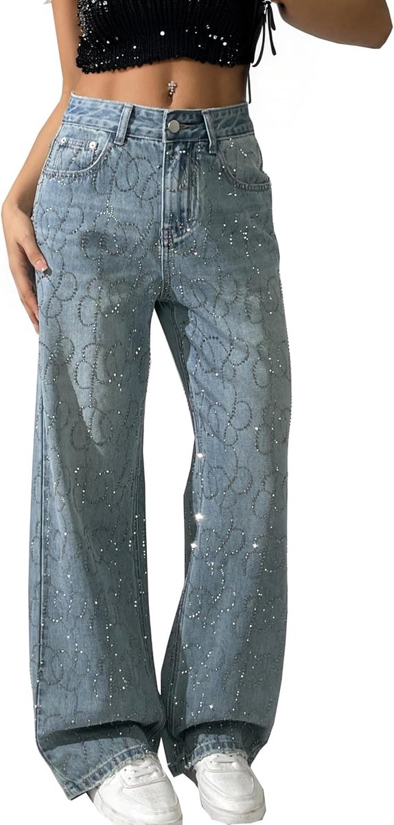 Jeans met glanzende strass kralen en wijde pijpen, pailletten, party, club, avondje uit, straatoutfits
